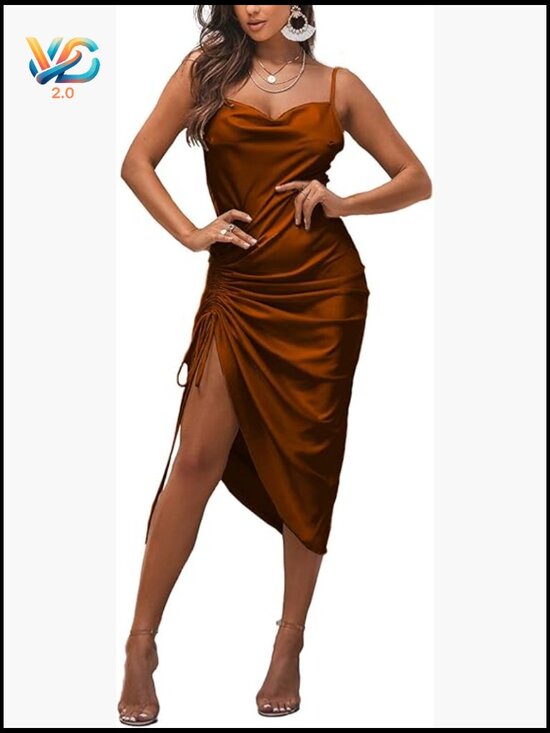 Dresses & Skirts - Satin Spaghetti Strap Cowl Neck Midi Dress Bodycon Party